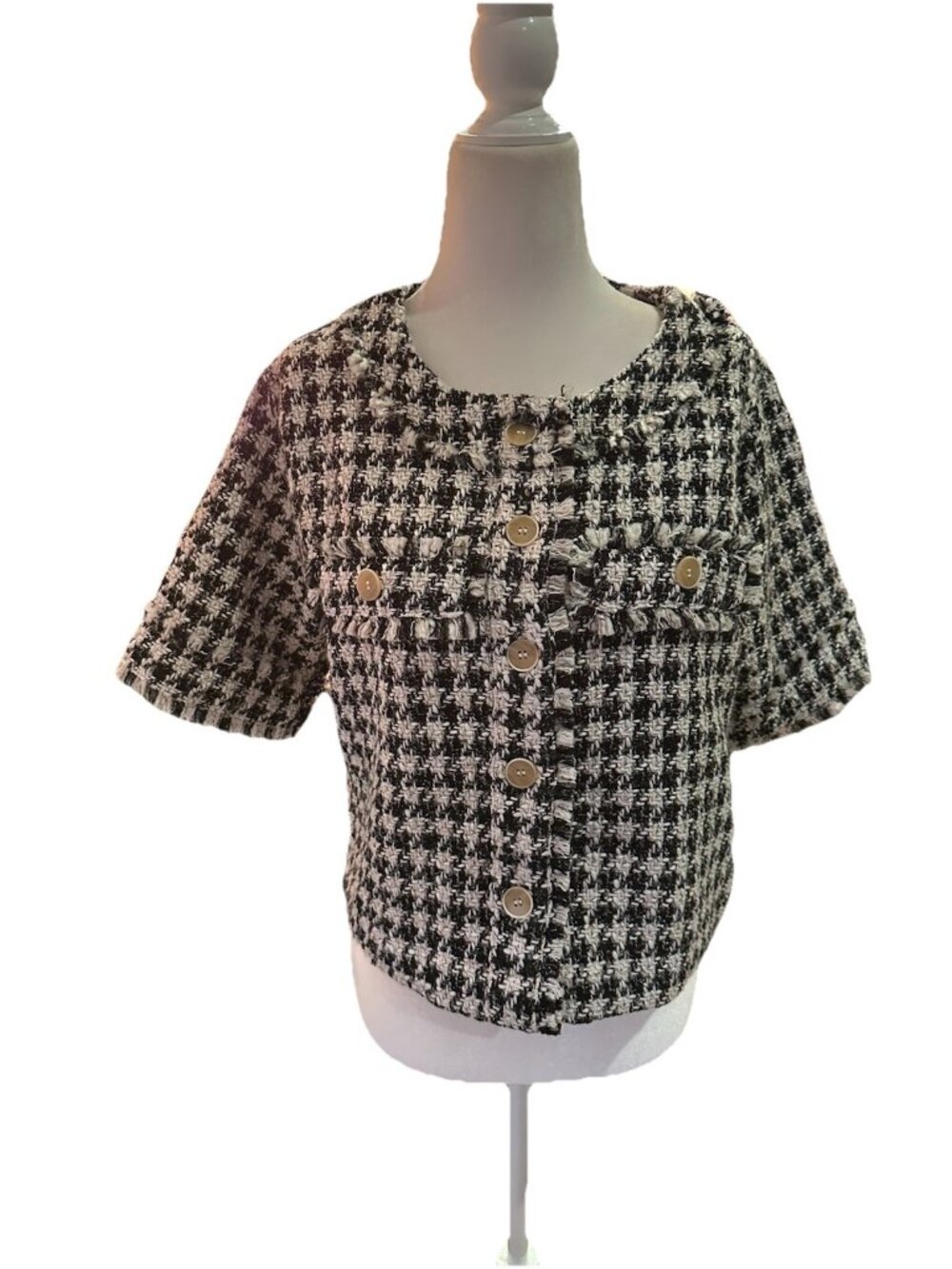 Mystree Coat Womens Med Blazer Black Sparkle Houndstooth Fringe Academia NWT